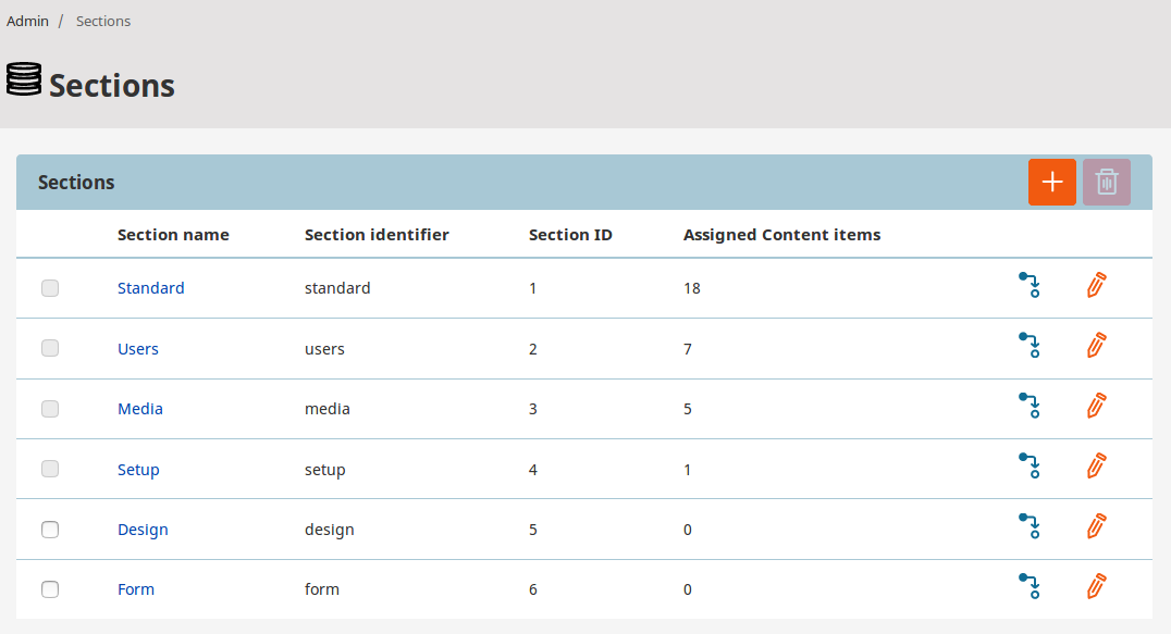 Sections screen