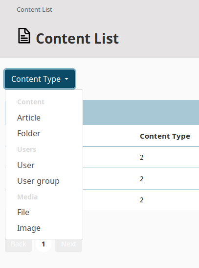Filtered content list