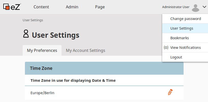 User preferences screen with time zone settings