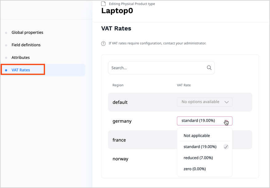 Assigning VAT rates to a product type