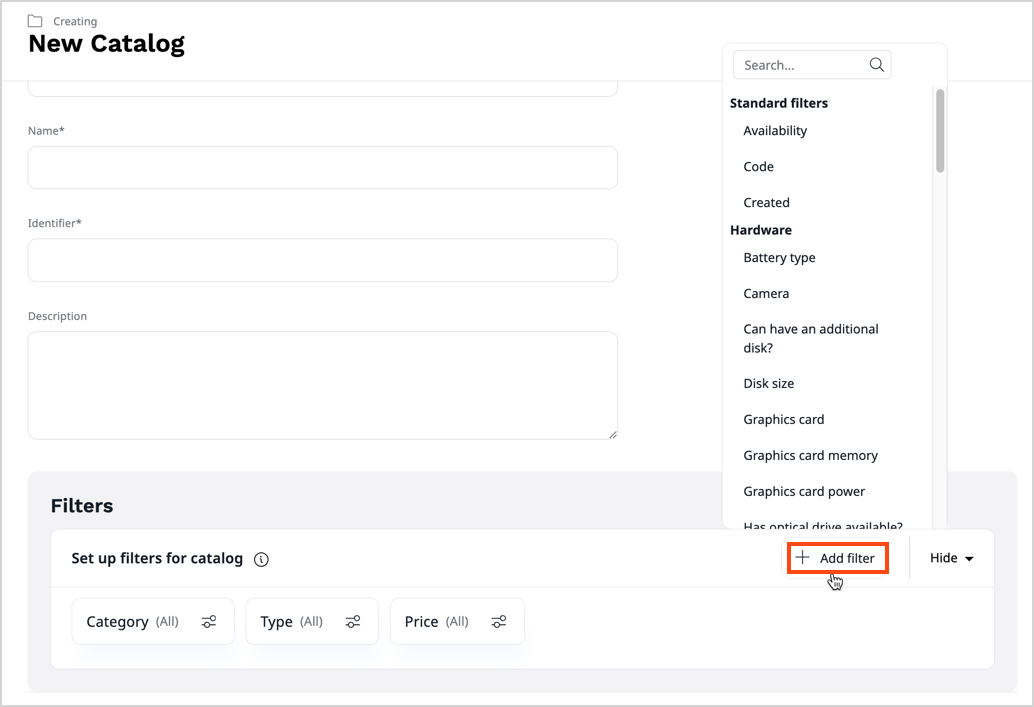 List of filters for selecting products for a catalog