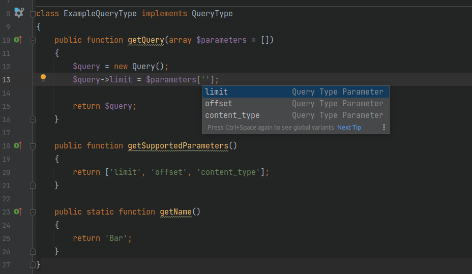 Query Type parameter autocompletion