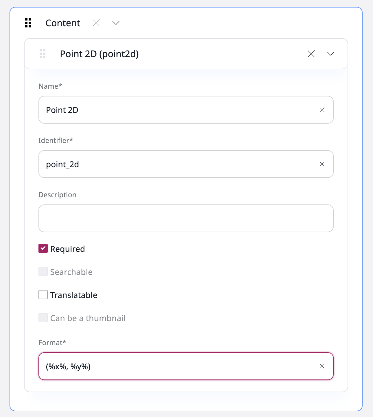 Point 2D definition with format field