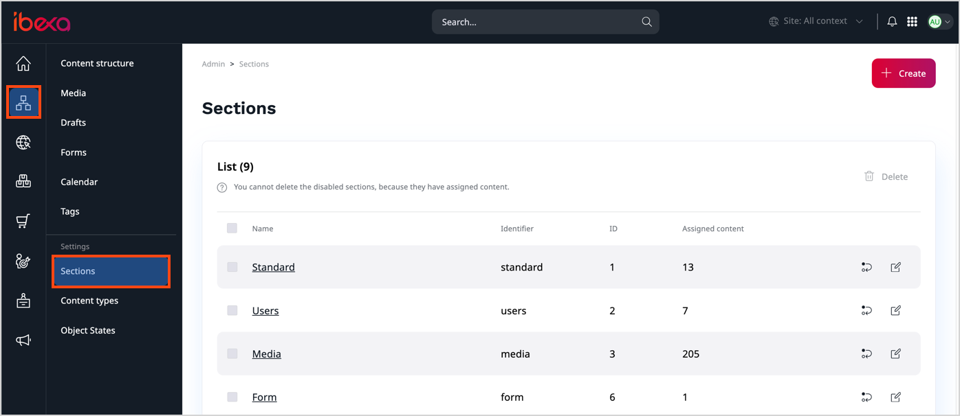 Sections screen