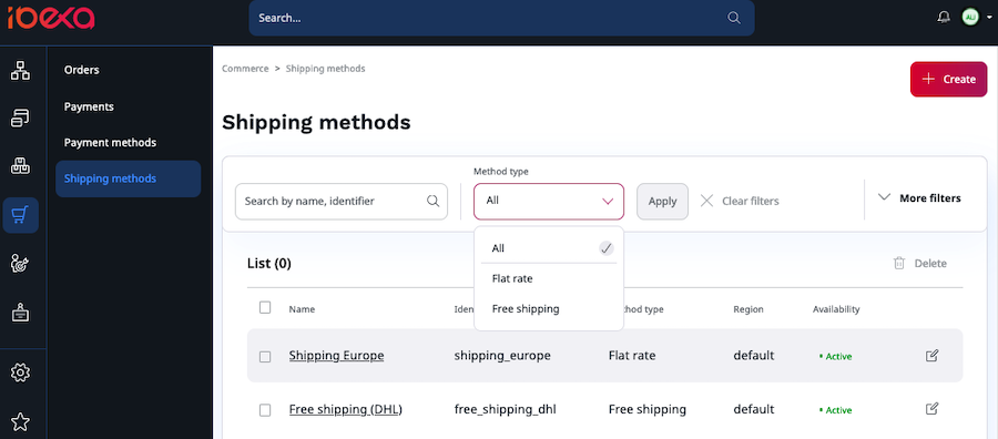 The shipping methods screen