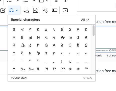Special characters in online editor Special characters in online editor