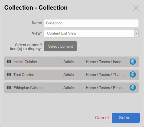 Collection block options with three Content items selected