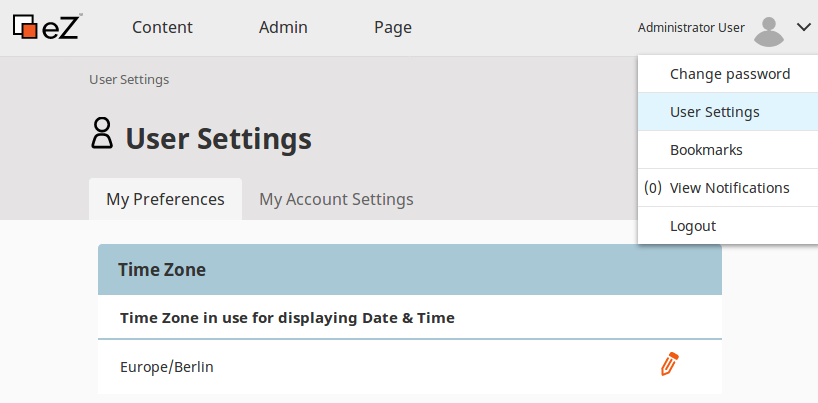 User preferences menu