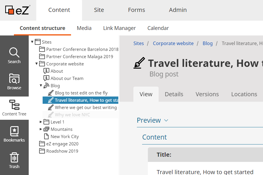 Content Tree in the menu