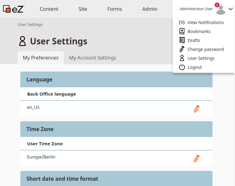 User preferences menu