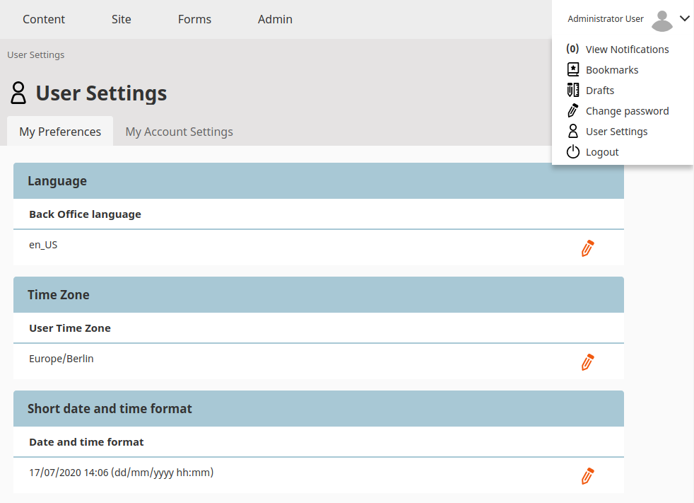 User preferences menu