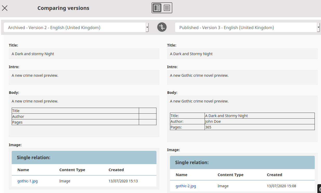 Version comparison in two-column view