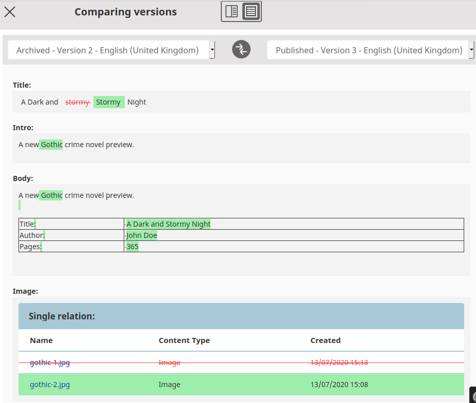 Version comparison in one-column view