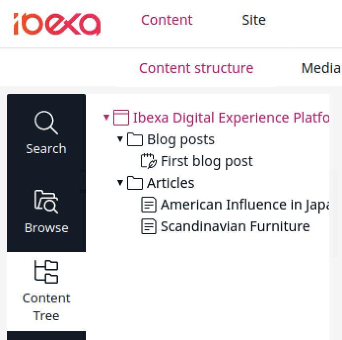 Content browser in the menu