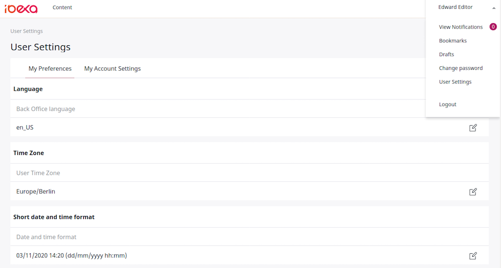 User preferences menu