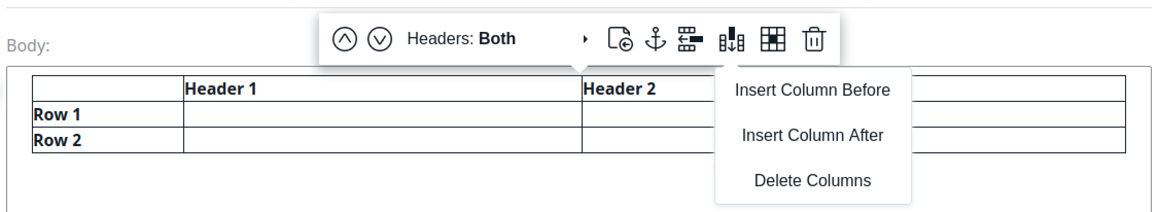 Table options in online editor