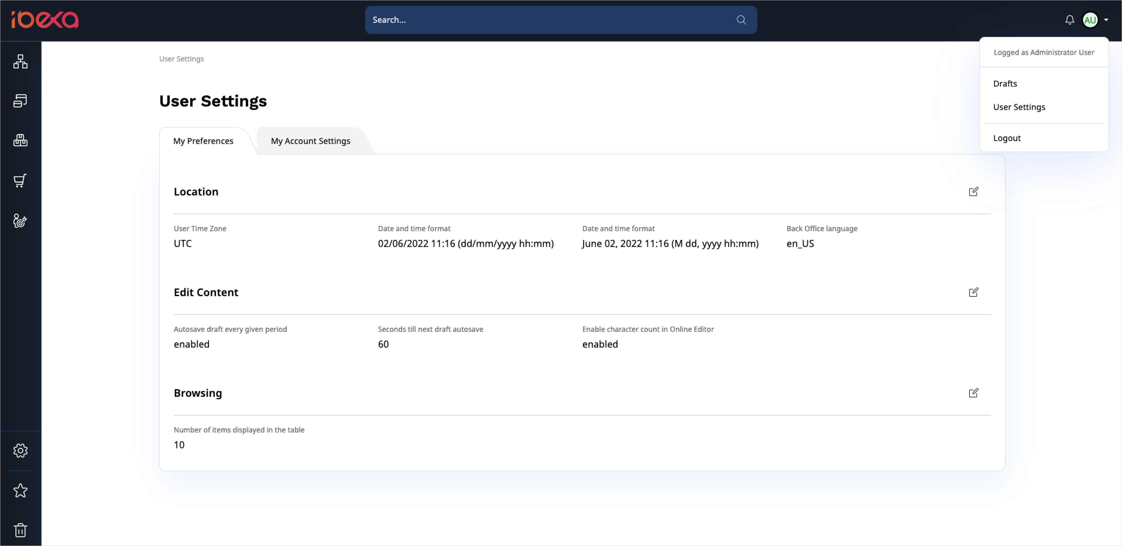 User preferences menu