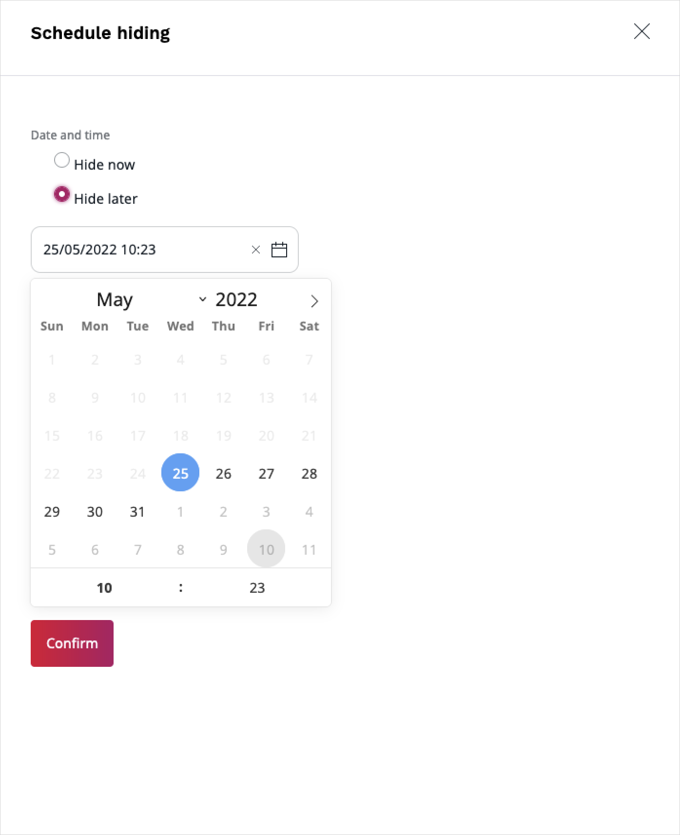 Hide Content item modal window