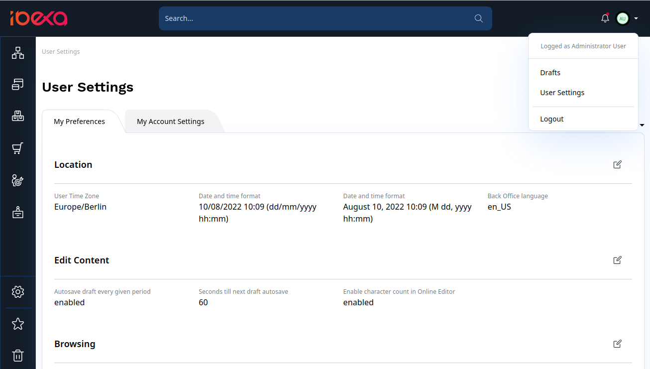 User preferences menu