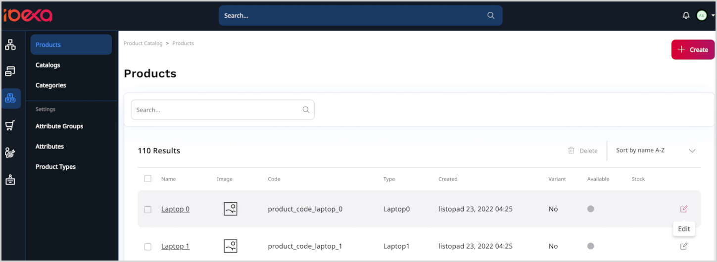 Products list with action buttons