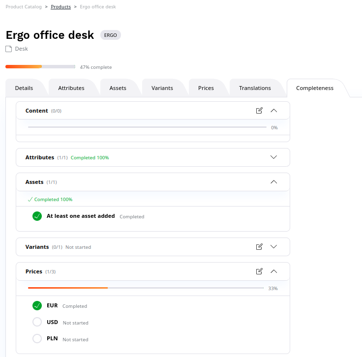 Product completeness screen