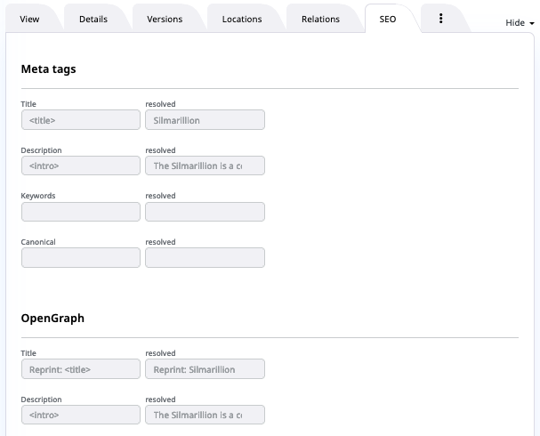 SEO tab in Content item details