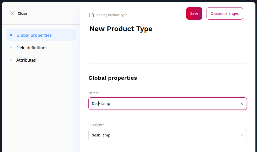 Defining product type settings