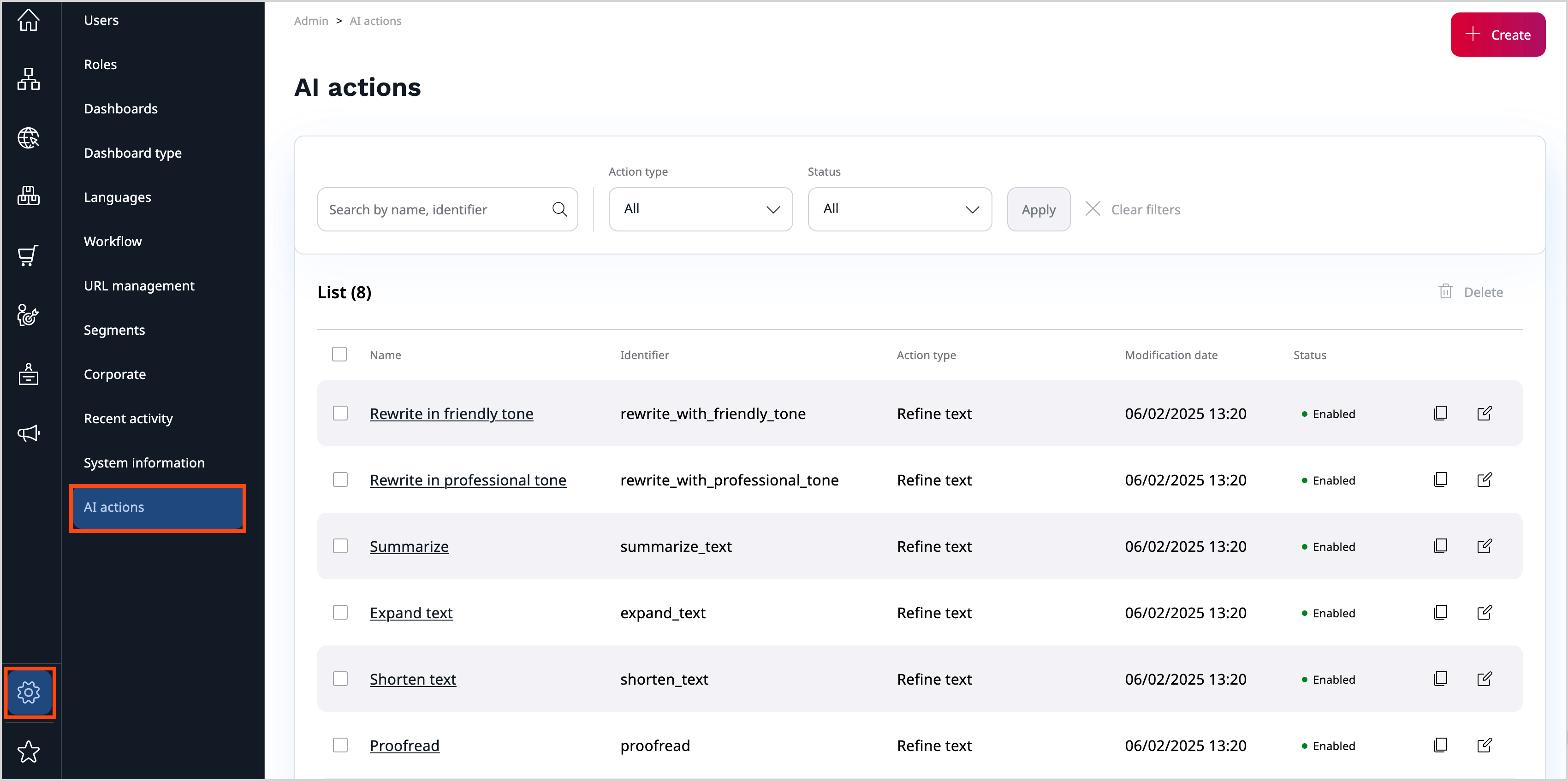 AI actions in Admin Panel