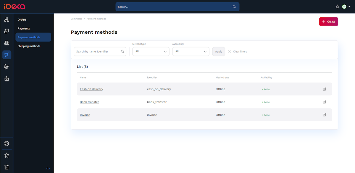 Payment methods list