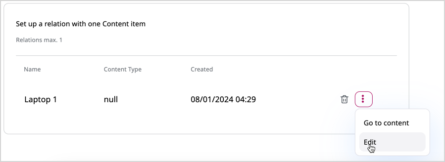 Edit embedded content item - set up a relation