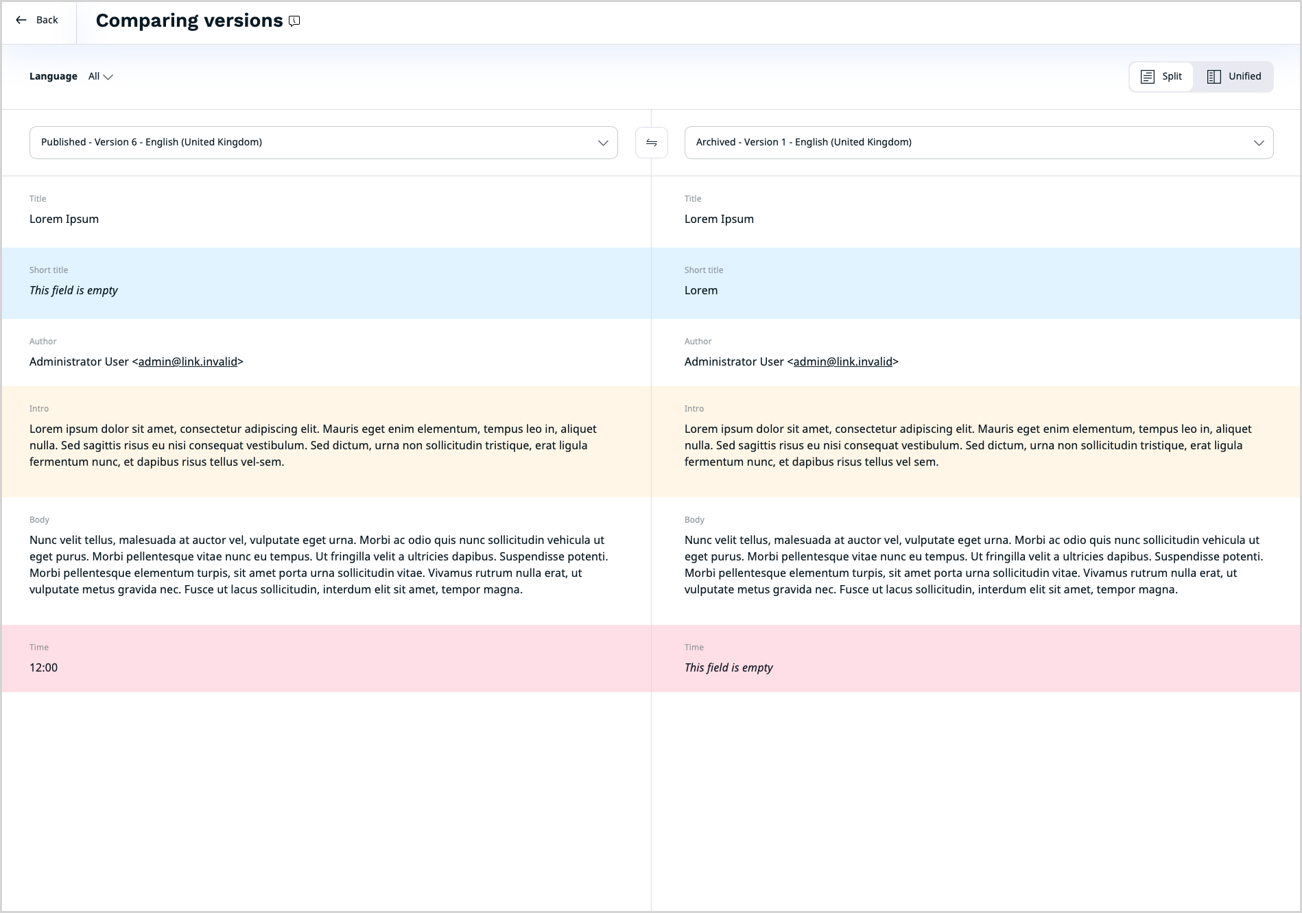 Version comparison in Split view