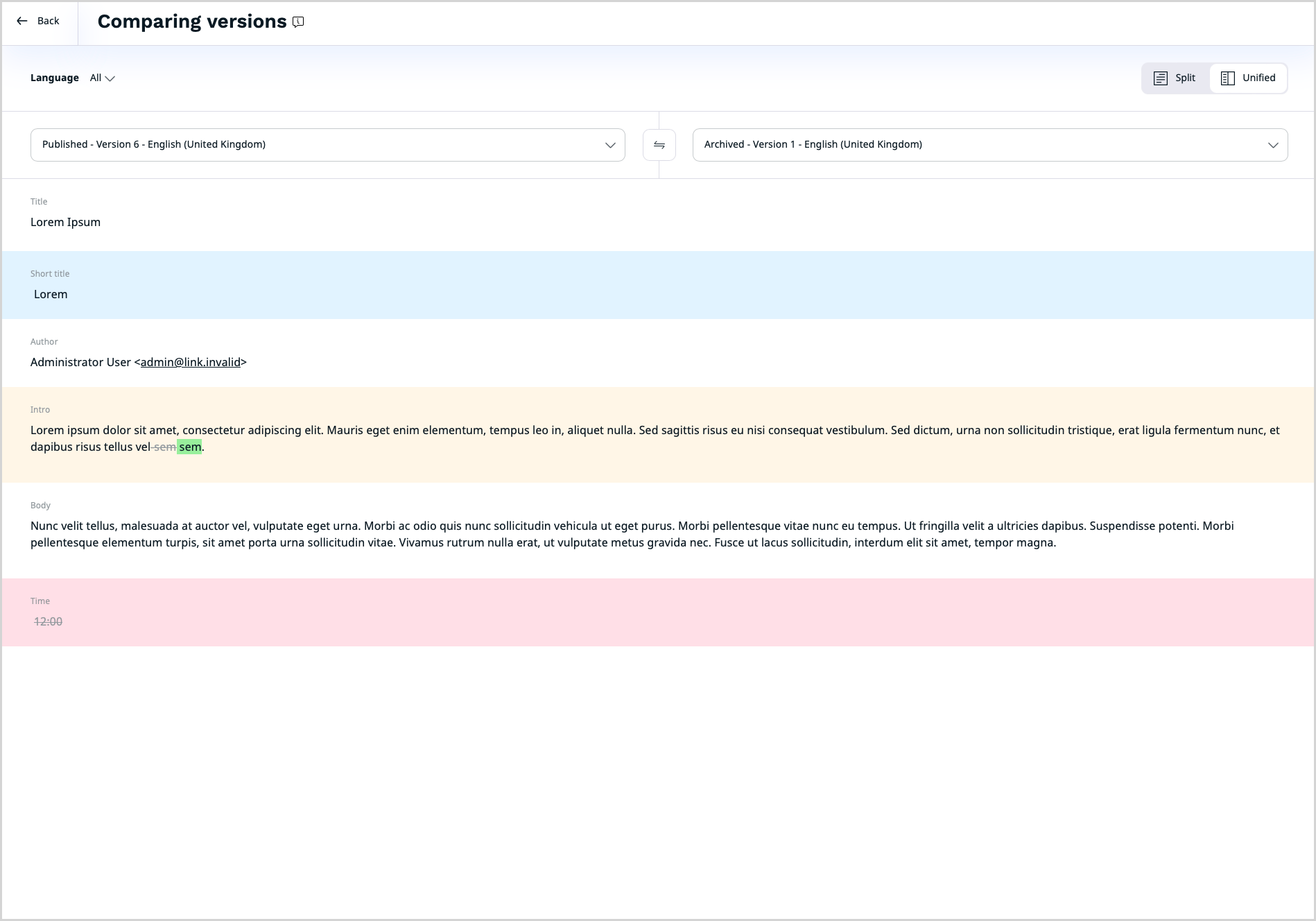 Version comparison in Unified view