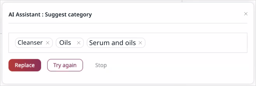 Product categories suggested by the AI Assistant Product categories suggested by the AI Assistant