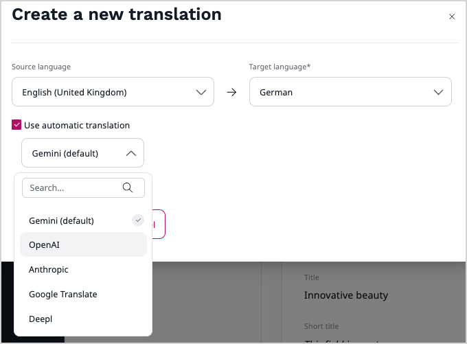 Create a new translation modal Create a new translation modal