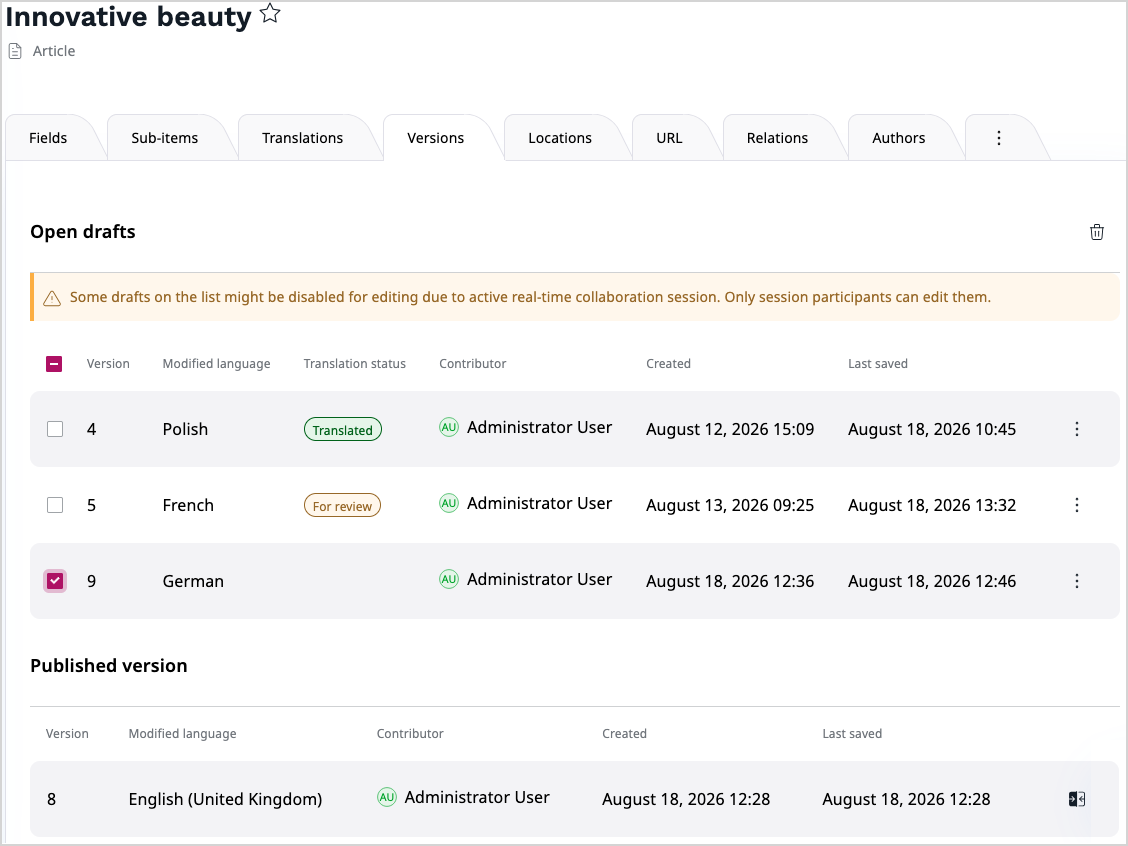 Review status badges in the Versions tab Review status badges in the Versions tab