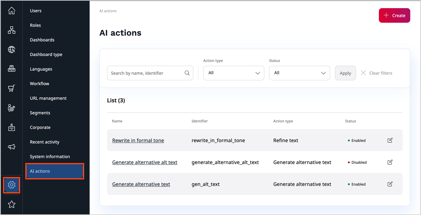 AI actions in Admin Panel