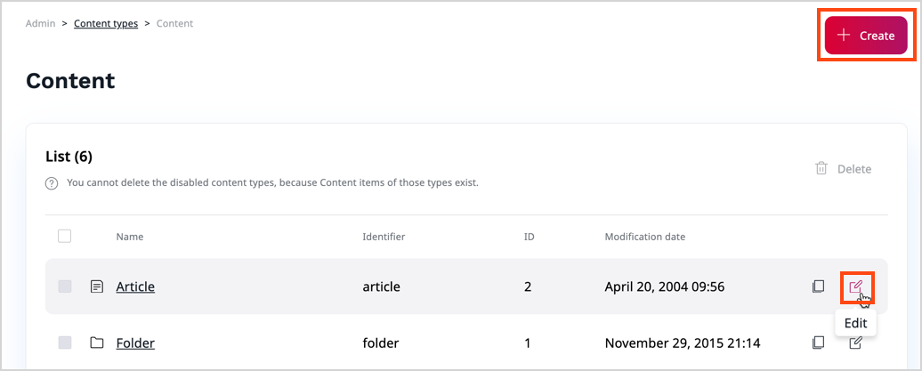 Create or edit content type