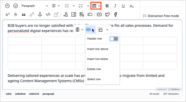 Table options in online editor