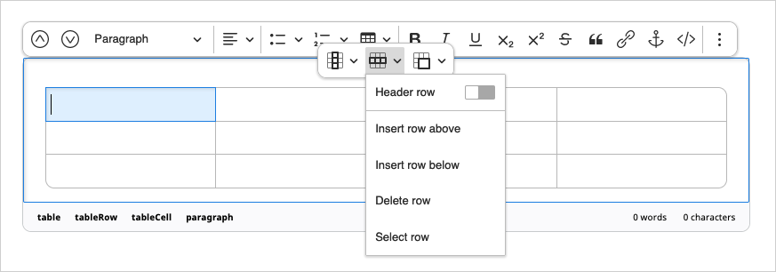 Table options in online editor