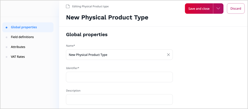 Defining product type settings