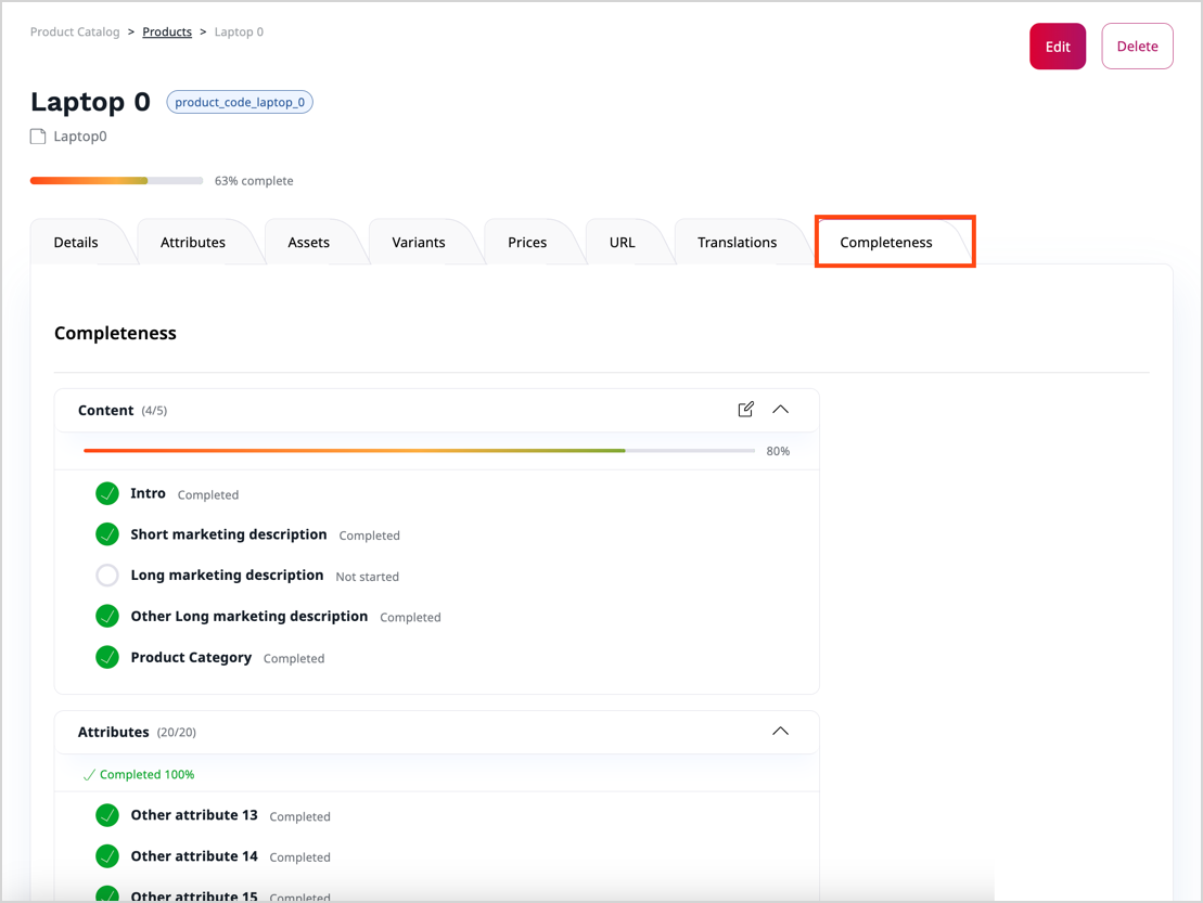 Product completeness screen