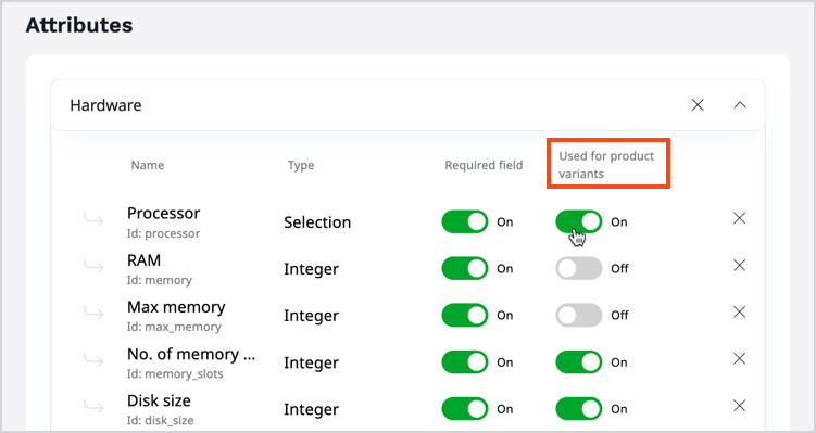 Product type definition with attributes used for variants