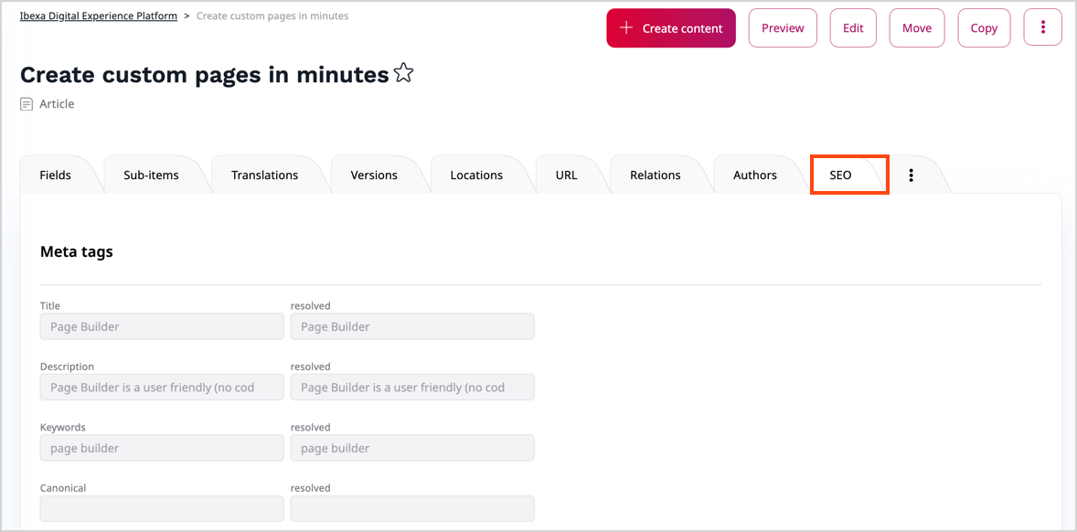 SEO tab in content item details