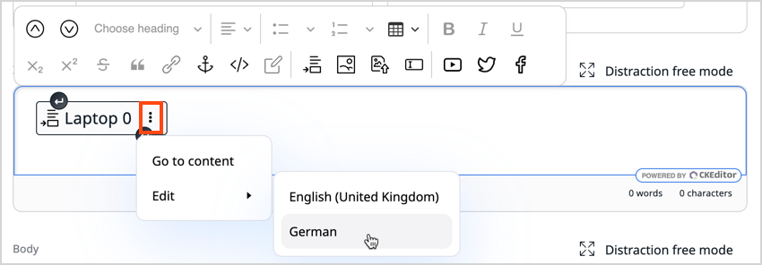 Edit embedded content item - select language