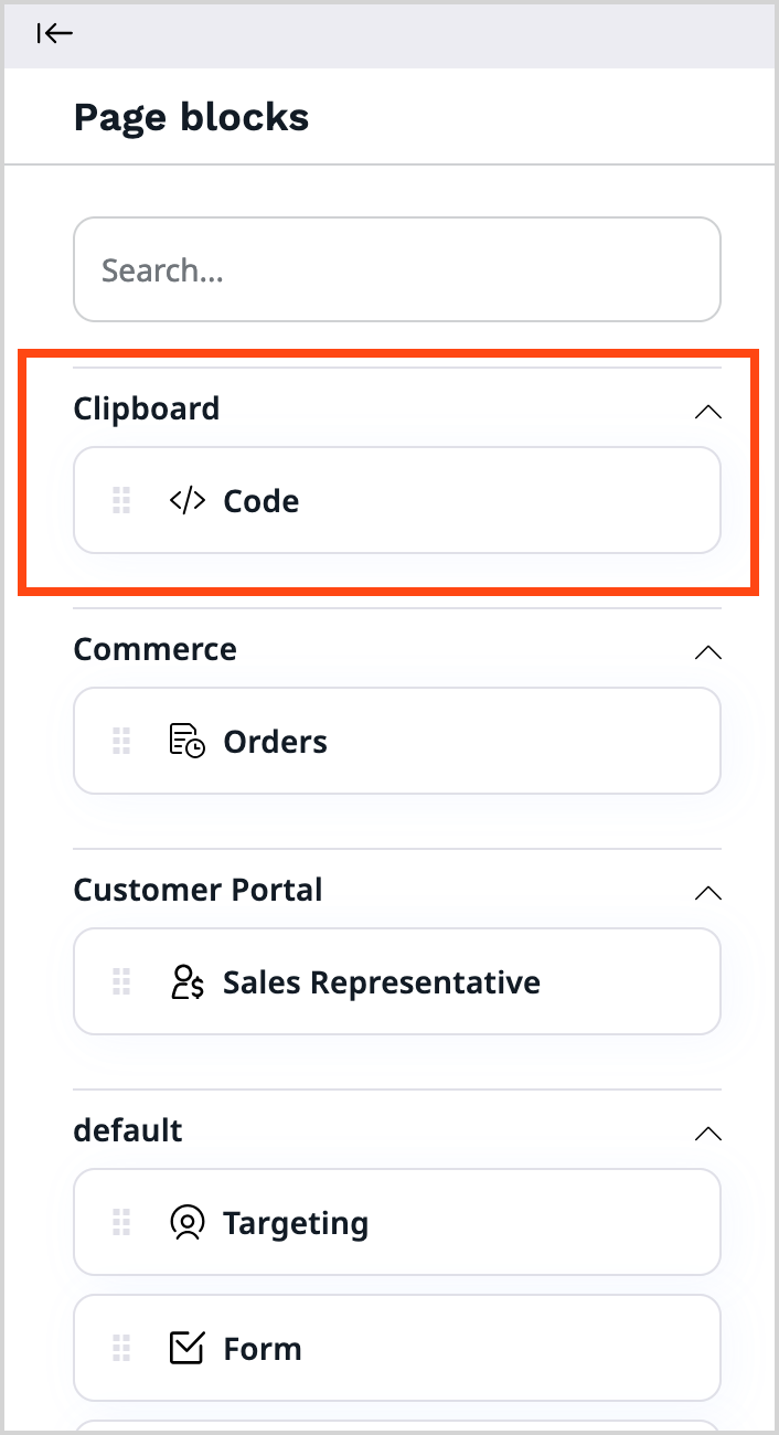 The clipboard section containing a Code block